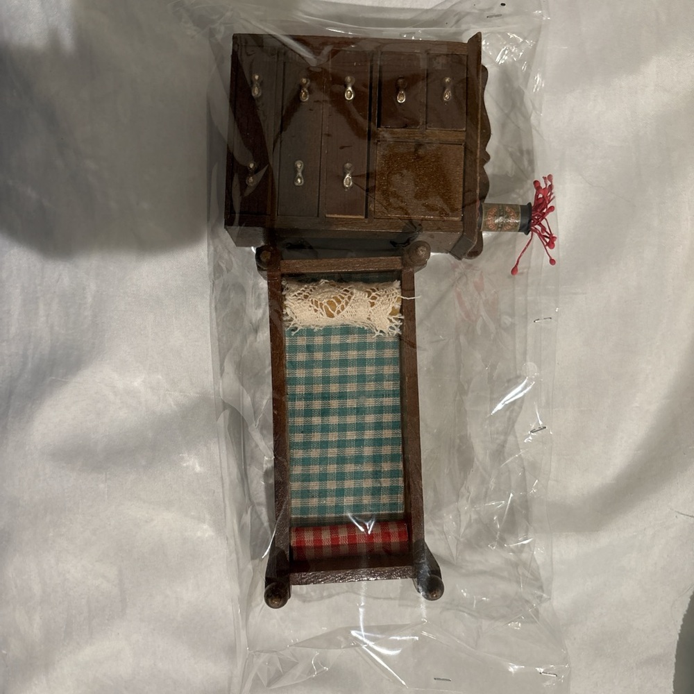 Wooden Dollhouse Sewing Machine with Checkered Fabric